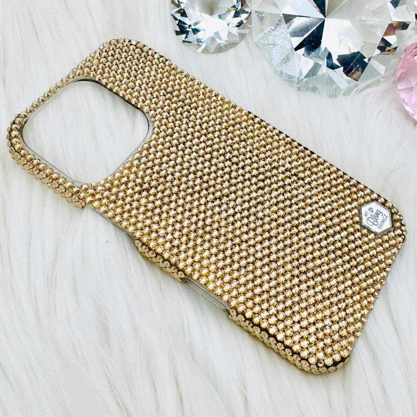 Hand-Placed Austrian Crystal Bling Phone Case for iPhone – Golden Shadow Gold Micro Crystal Design 12ss