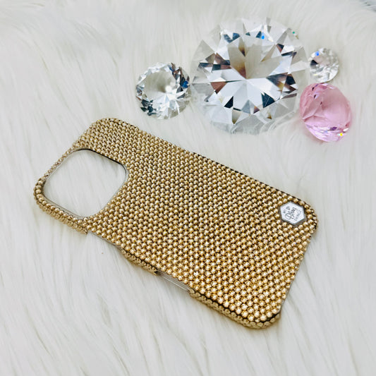 Hand-Placed Austrian Crystal Bling Phone Case for iPhone – Golden Shadow Gold Micro Crystal Design 12ss