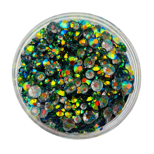 TRANSPARENT AB Resin / Jelly Round Flat Back Rhinestones - Rainbow Black Licorice