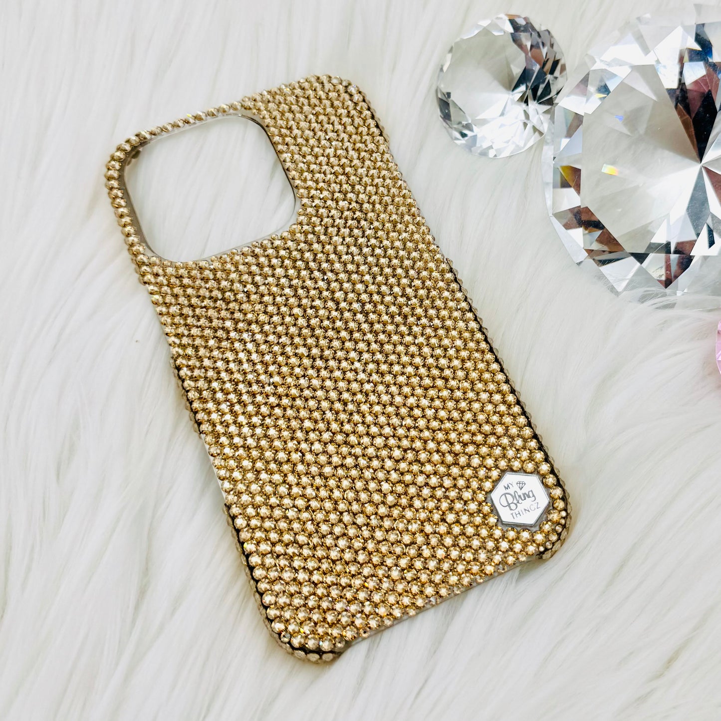 Hand-Placed Austrian Crystal Bling Phone Case for iPhone – Golden Shadow Gold Micro Crystal Design 12ss