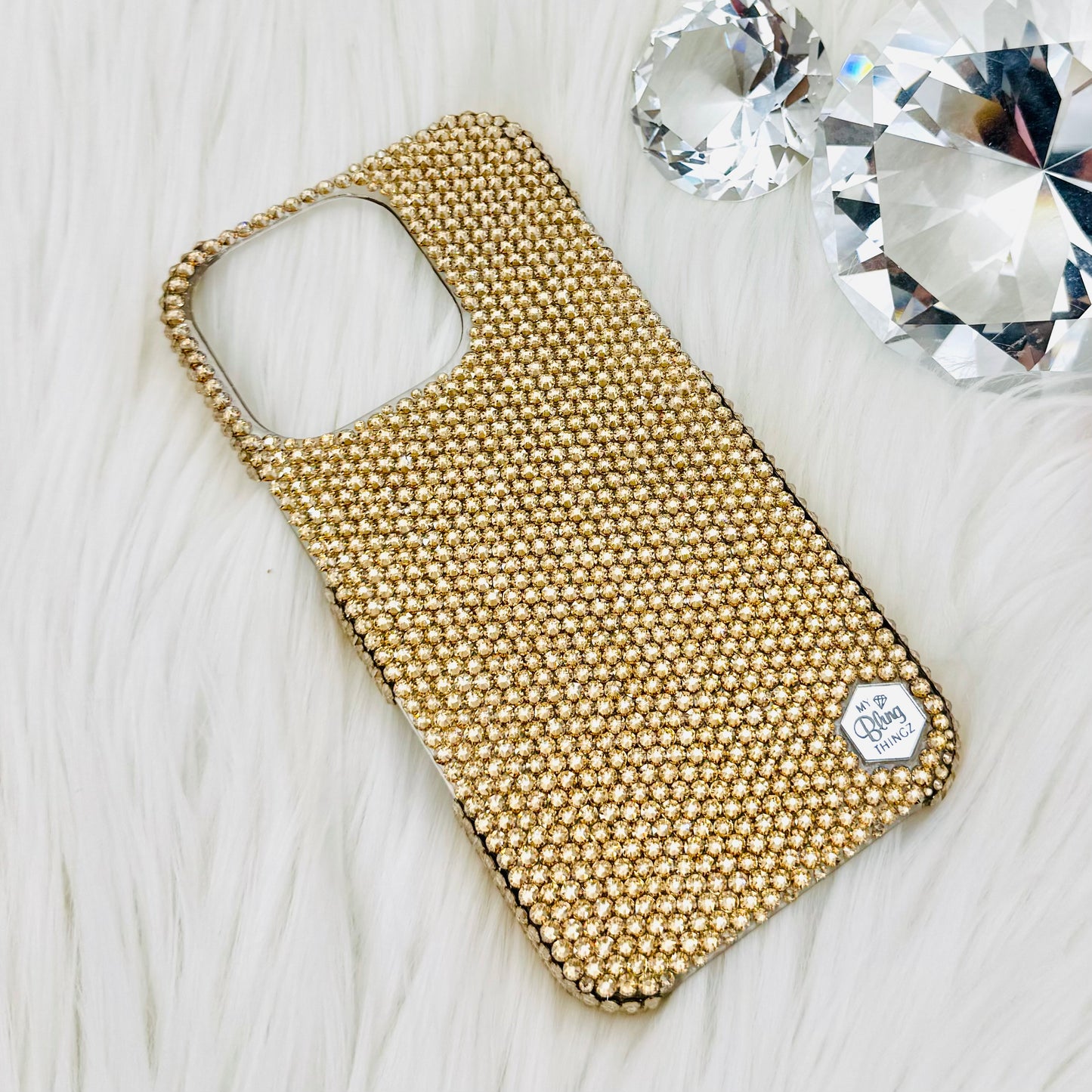 Hand-Placed Austrian Crystal Bling Phone Case for iPhone – Golden Shadow Gold Micro Crystal Design 12ss